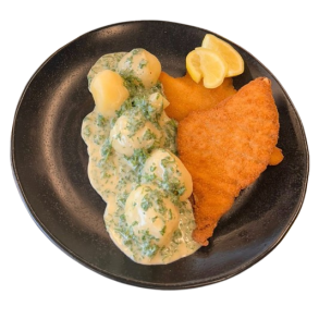 Mandag og tirsdag har vi fiskefilet m/ persillesovs og hvide kartofler
